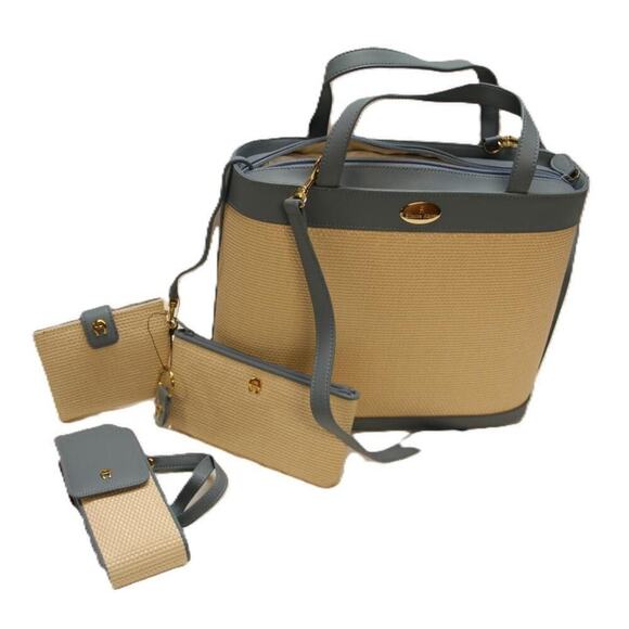 NWT Etienne Aigner Tan & Wedgewood blue Woven Tote with 4 piece accessory set